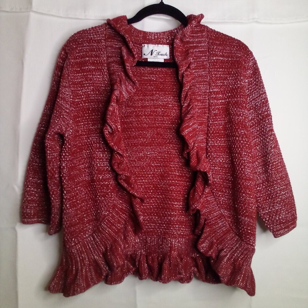 N Touch Cardigan Sweater PM Petite M Open Front Ruffle Half Sleeve Sparkle Red